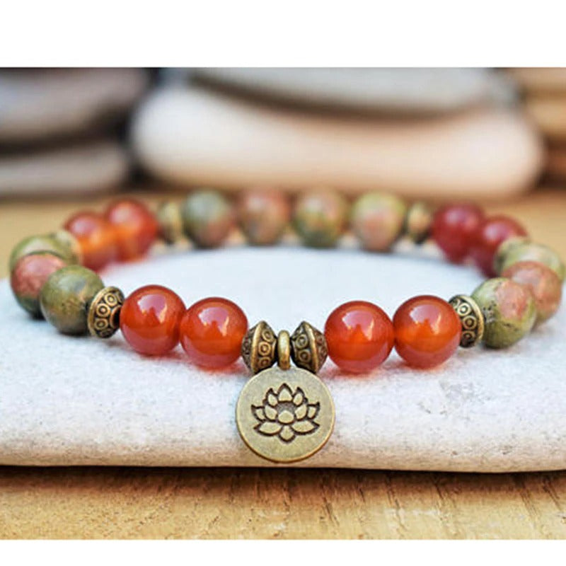 Unakite and Carnelian Mala Bead Bracelets, Set of Two