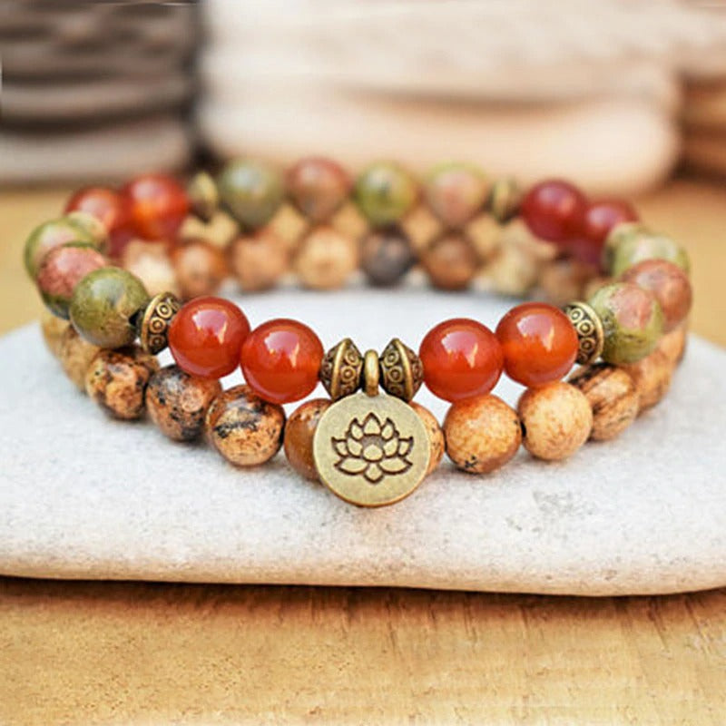 Unakite and Carnelian Mala Bead Bracelets, Set of Two