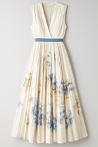 Geplooide midi-jurk met aquarelprint en diepe V-hals