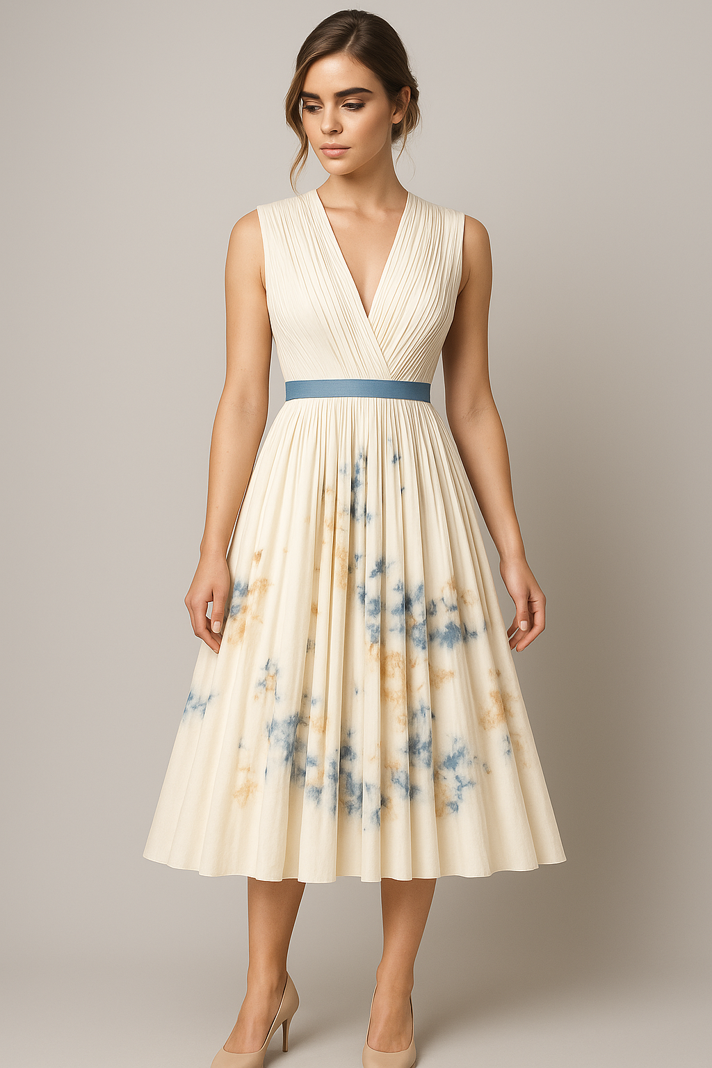 Geplooide midi-jurk met aquarelprint en diepe V-hals