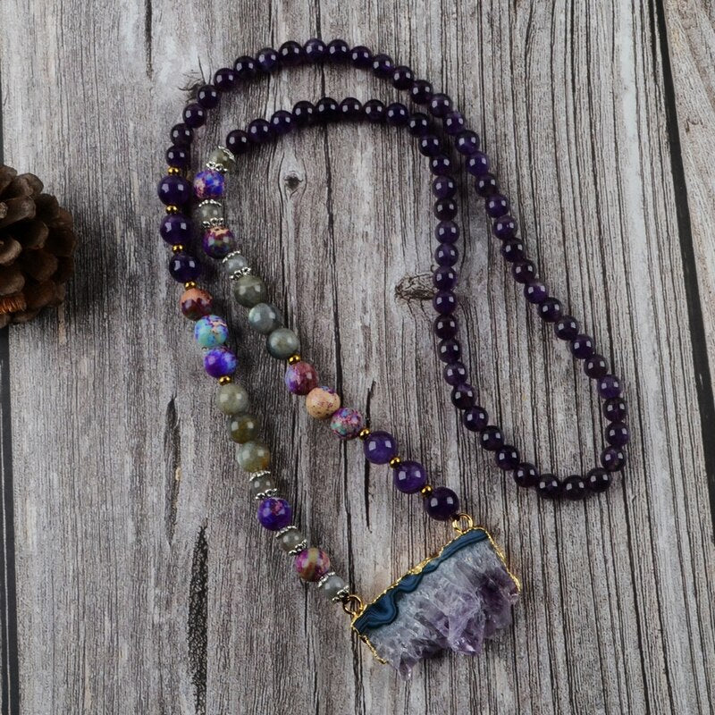 Amethyst, Jasper and Labradorite Beaded Druzy Necklace