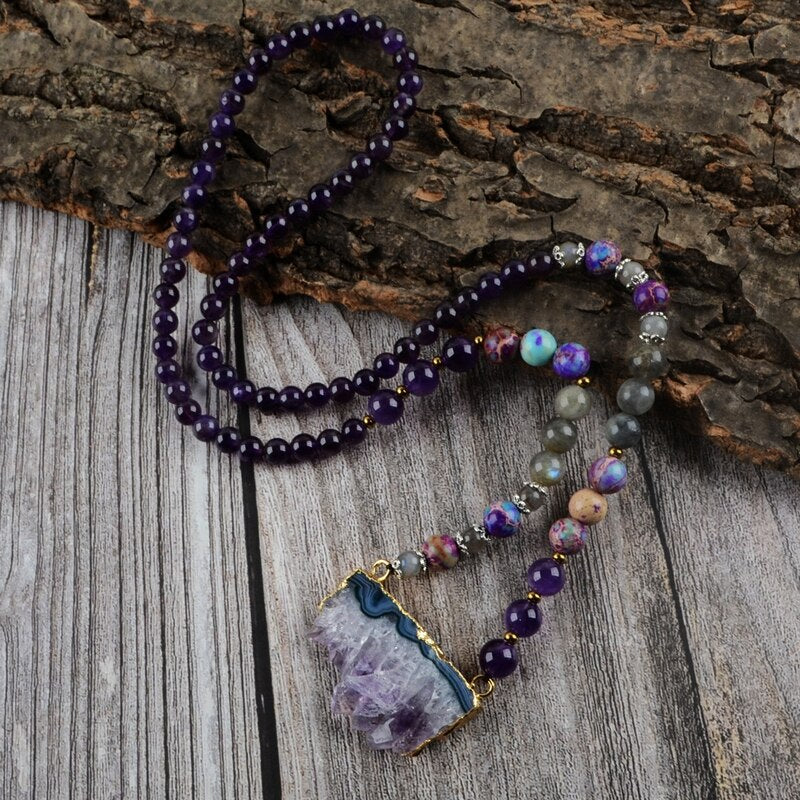 Amethyst, Jasper and Labradorite Beaded Druzy Necklace
