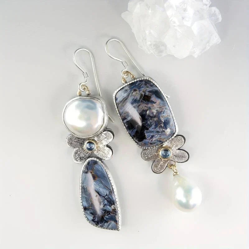 Vintage-Style Mismatched Blue Stone and Pearl Drop Earrings
