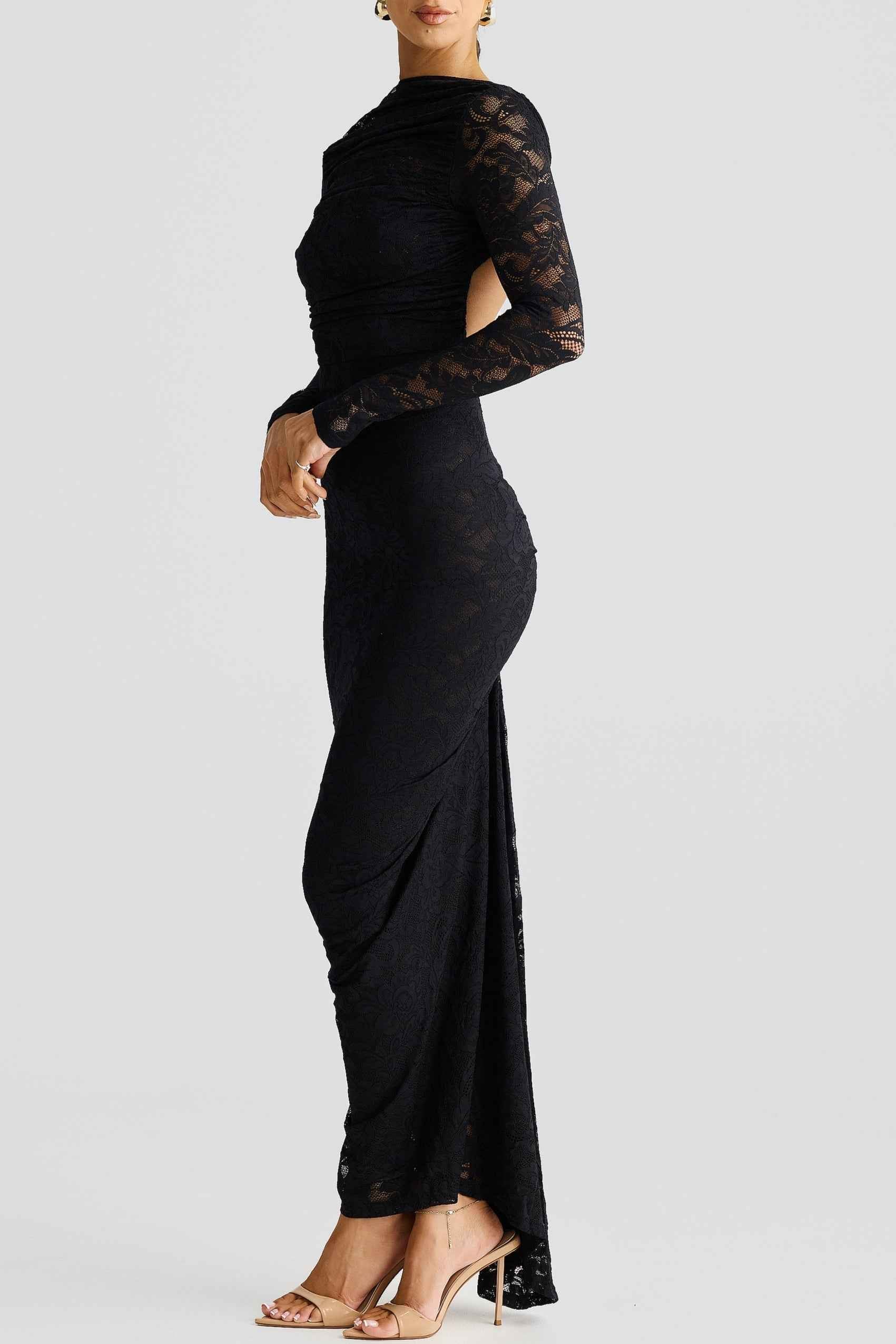 Transparante kanten maxi-jurk met lange mouwen en gerimpelde taille