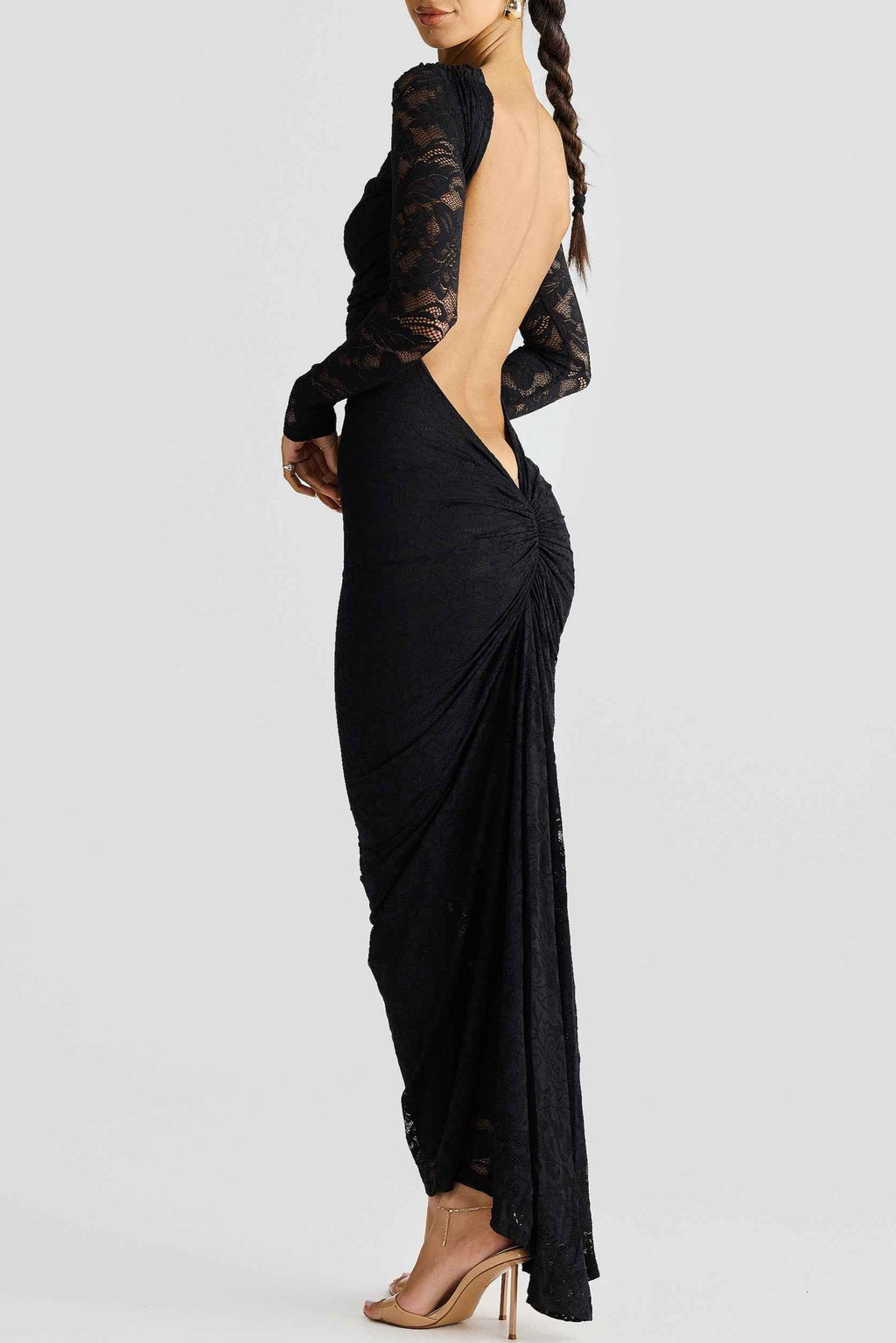 Transparante kanten maxi-jurk met lange mouwen en gerimpelde taille