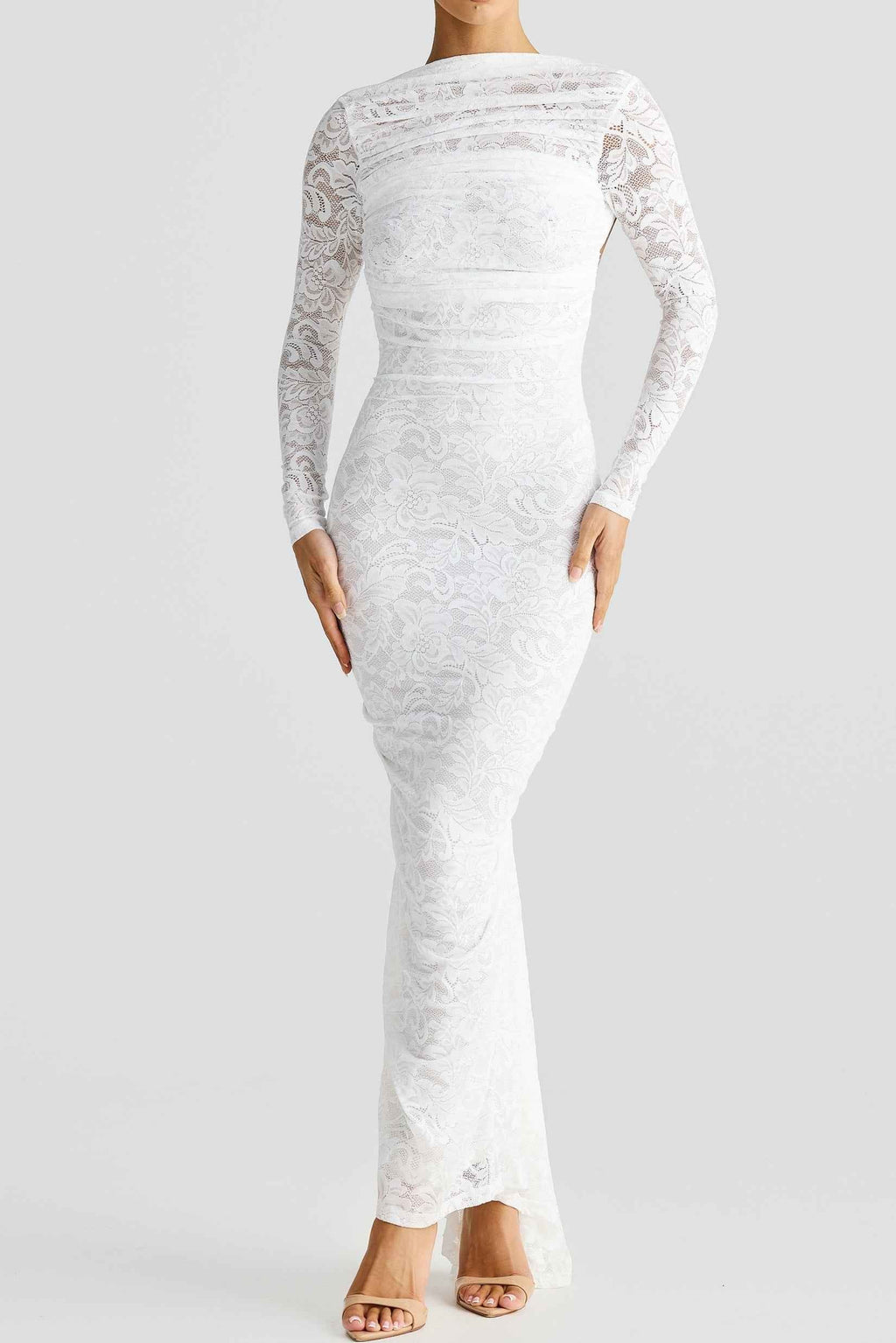Transparante kanten maxi-jurk met lange mouwen en gerimpelde taille