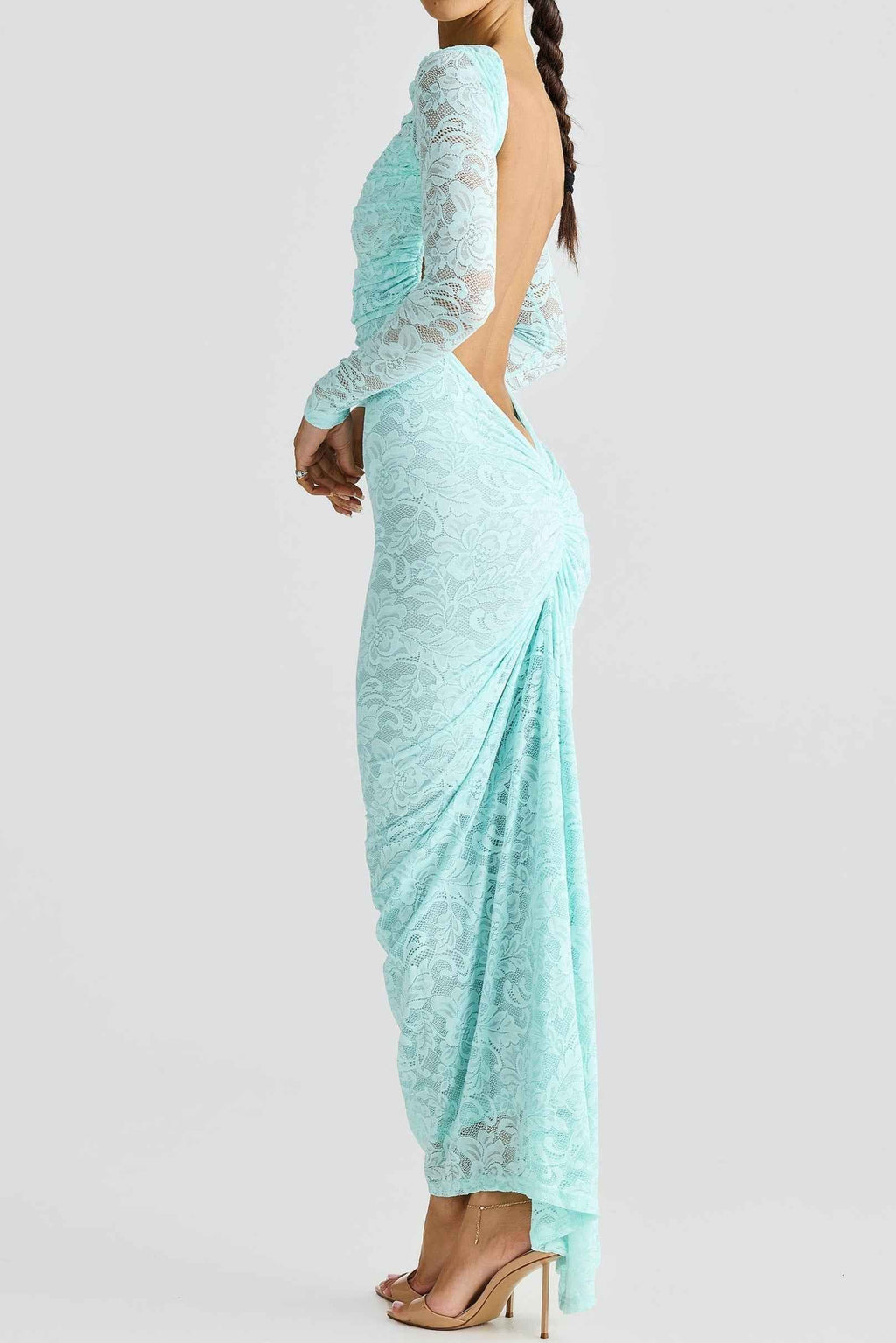 Transparante kanten maxi-jurk met lange mouwen en gerimpelde taille
