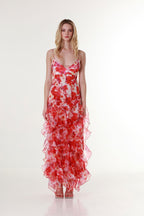 Floral Ruffle Skirt Sleeveless Strappy Maxi Dress