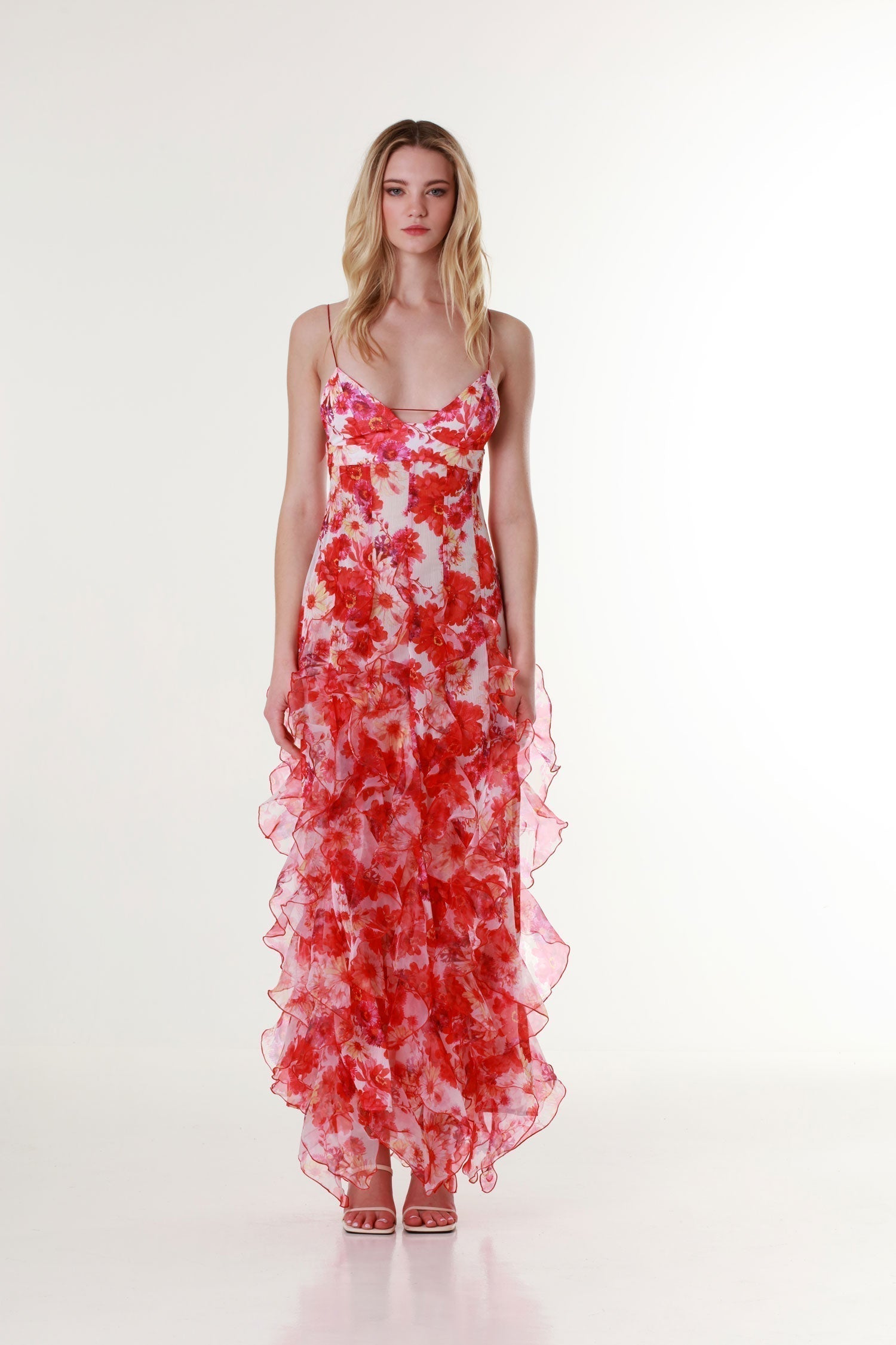 Floral Ruffle Skirt Sleeveless Strappy Maxi Dress