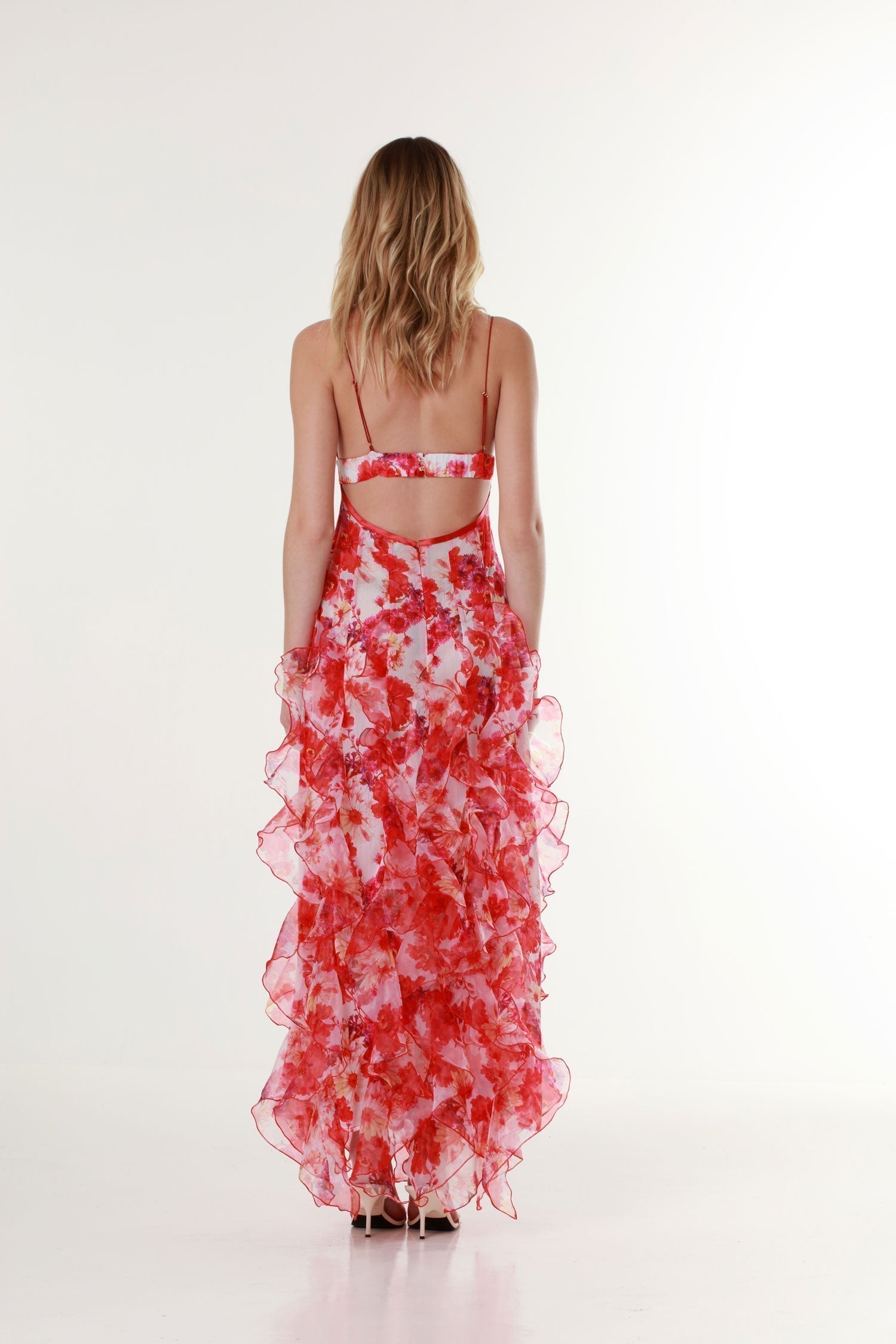 Floral Ruffle Skirt Sleeveless Strappy Maxi Dress