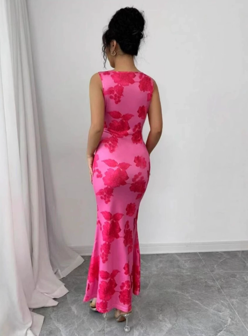 Floral All-Over Print Sleeveless Fitted Maxi Dress