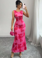 Floral All-Over Print Sleeveless Fitted Maxi Dress