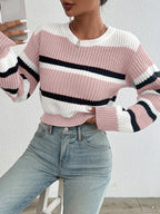 Striped Knit Jumper with Crew Neck and Elasticated Cuffs
