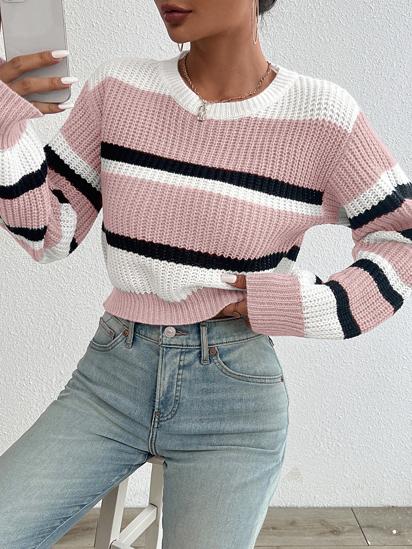 Striped Knit Jumper with Crew Neck and Elasticated Cuffs