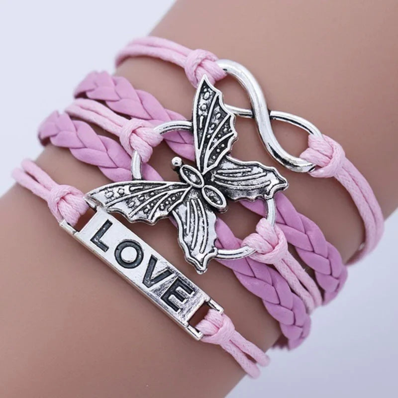 Vintage-Style Butterfly Leather Bracelet in Many Colours