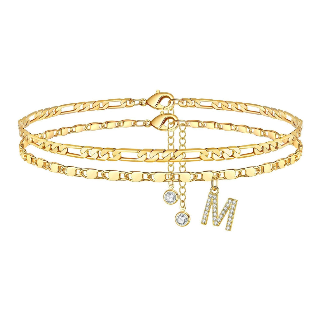 Two-Piece Initial Anklet Set with Diamond-Look Letter Charm