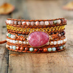 Vijflaagse wikkelarmband met rhodoniet