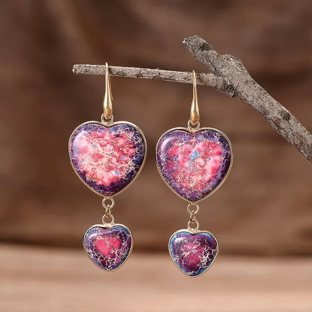 Double Heart Jasper Dangle Earrings