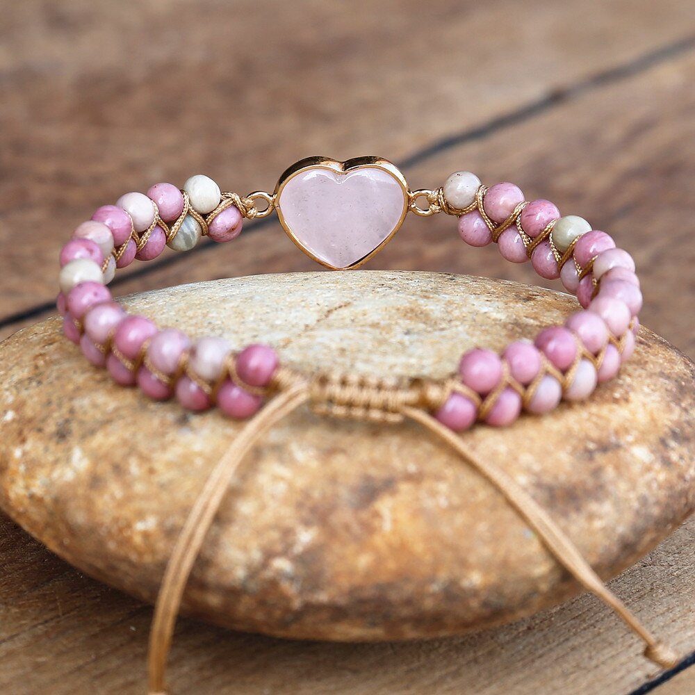 Rhodonite Bead Bracelet with Pink Heart Stone