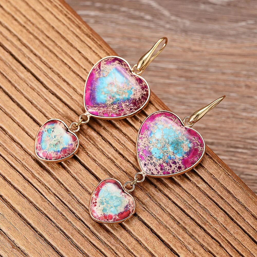 Double Heart Jasper Dangle Earrings