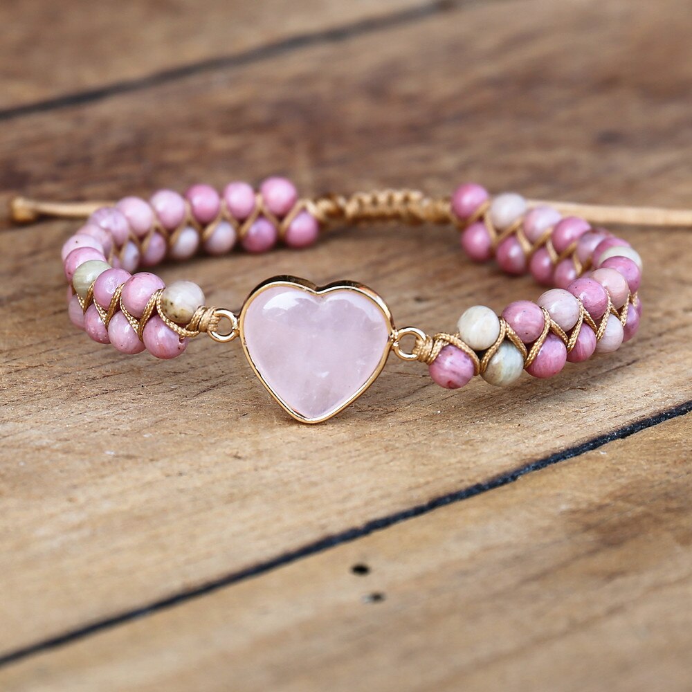 Rhodonite Bead Bracelet with Pink Heart Stone