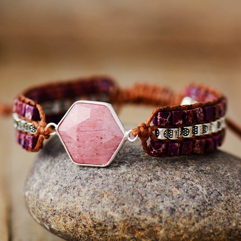 Rhodonietarmband met zeshoeken