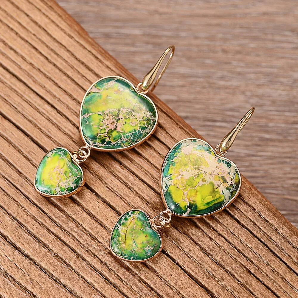 Double Heart Jasper Dangle Earrings