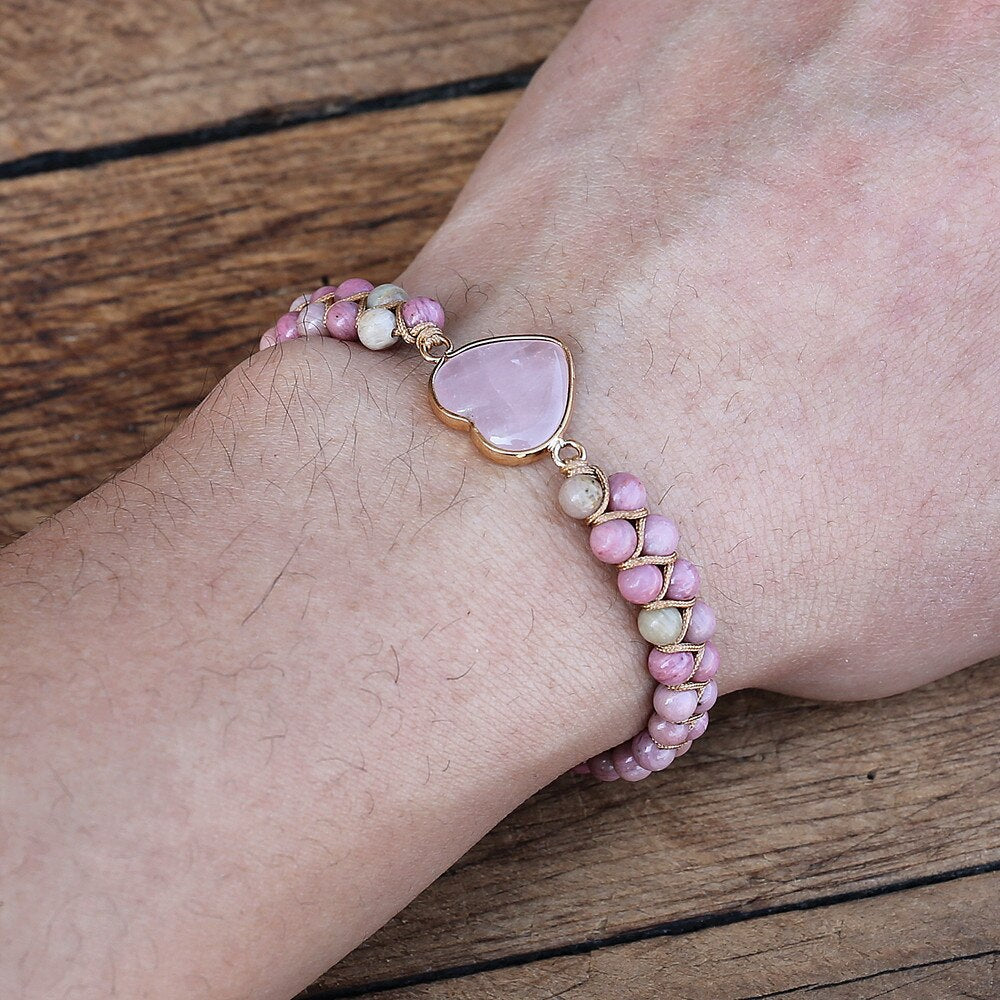 Rhodonite Bead Bracelet with Pink Heart Stone