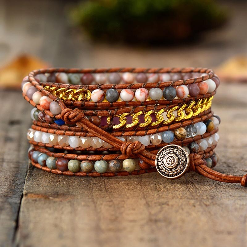 Vijflaagse wikkelarmband met rhodoniet