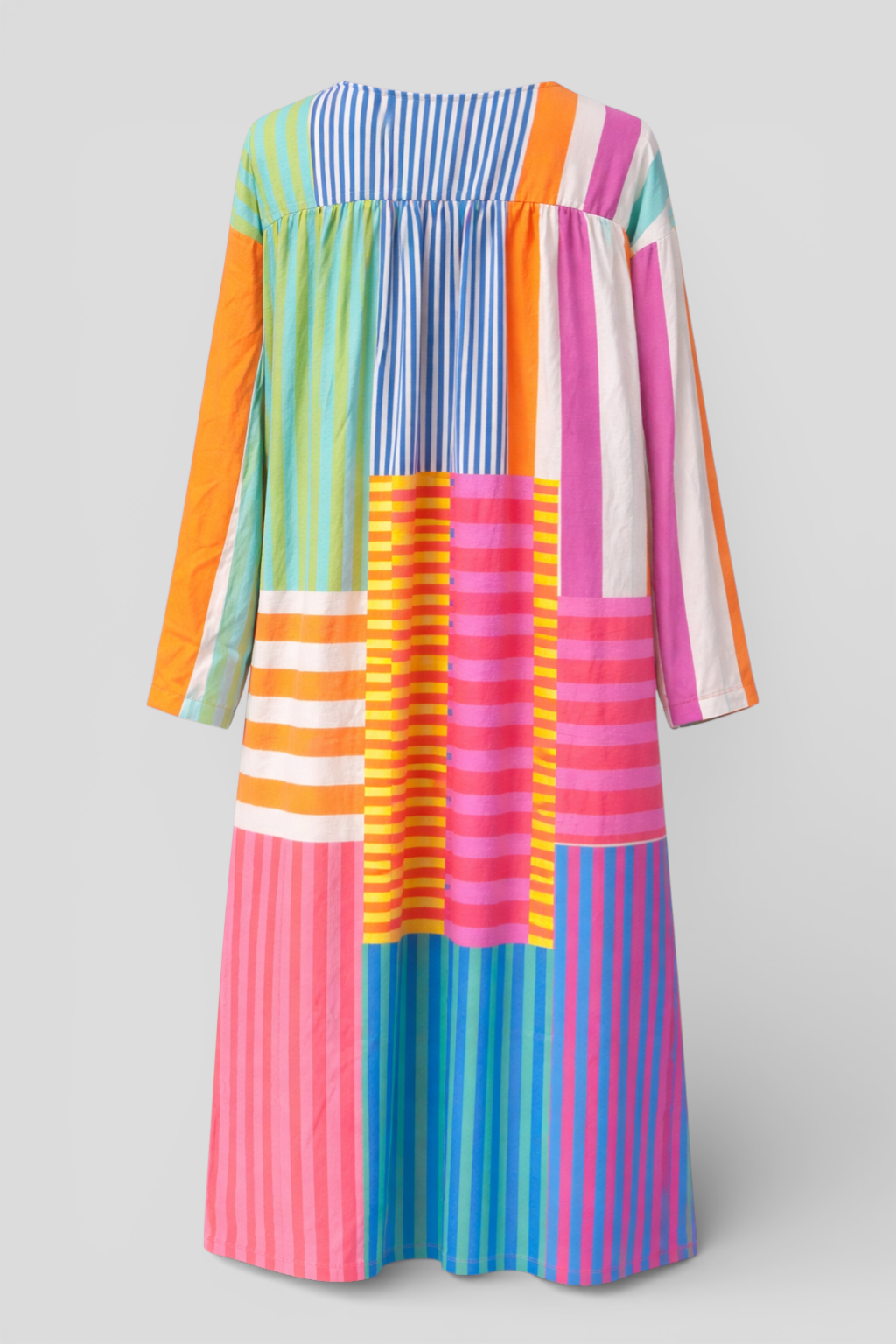 Colourful Patchwork Maxi Dress with V-Neck and Long Sleeves