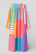 Colourful Patchwork Maxi Dress with V-Neck and Long Sleeves