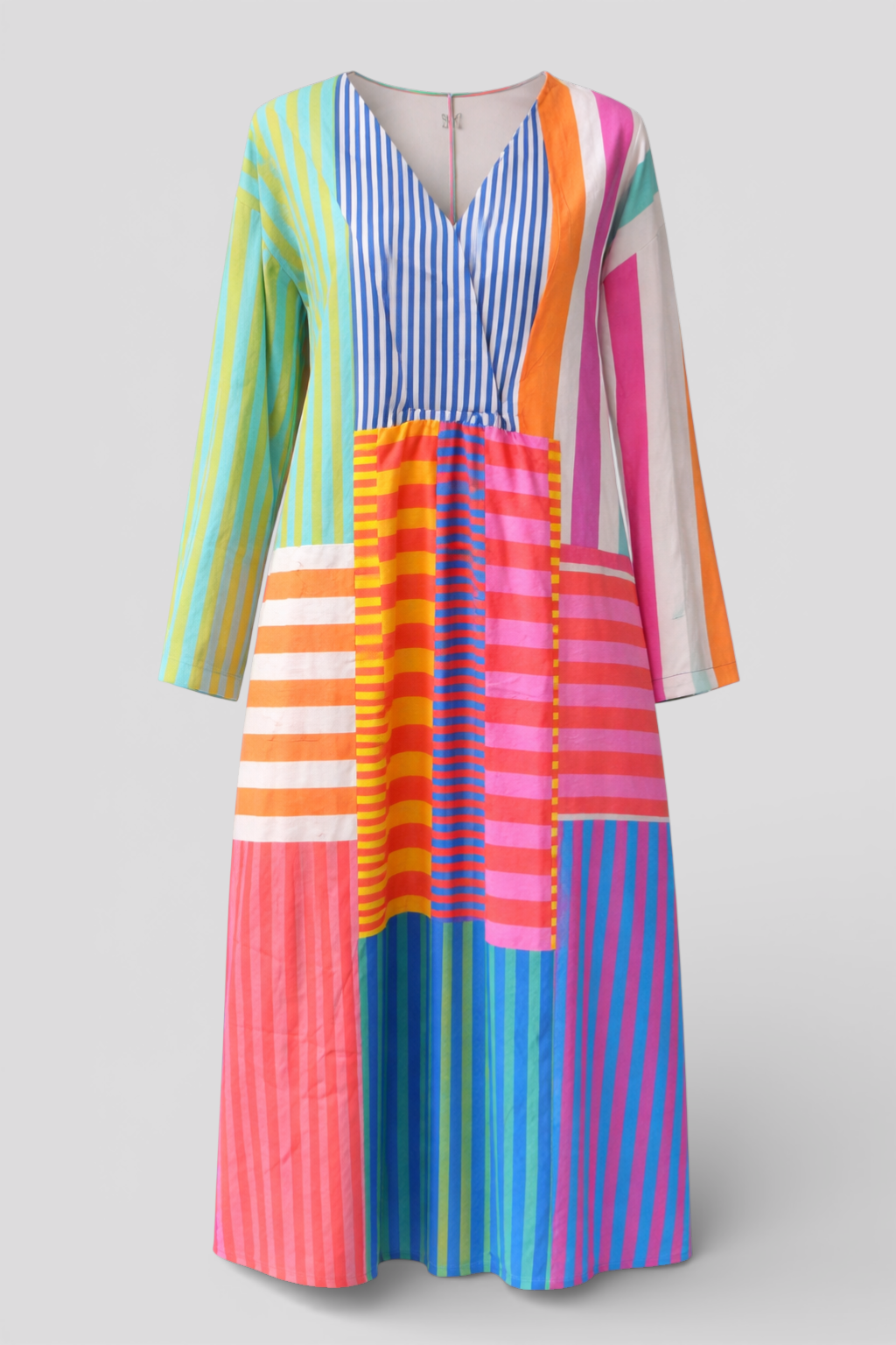 Kleurrijke patchwork maxi-jurk met V-hals en lange mouwen