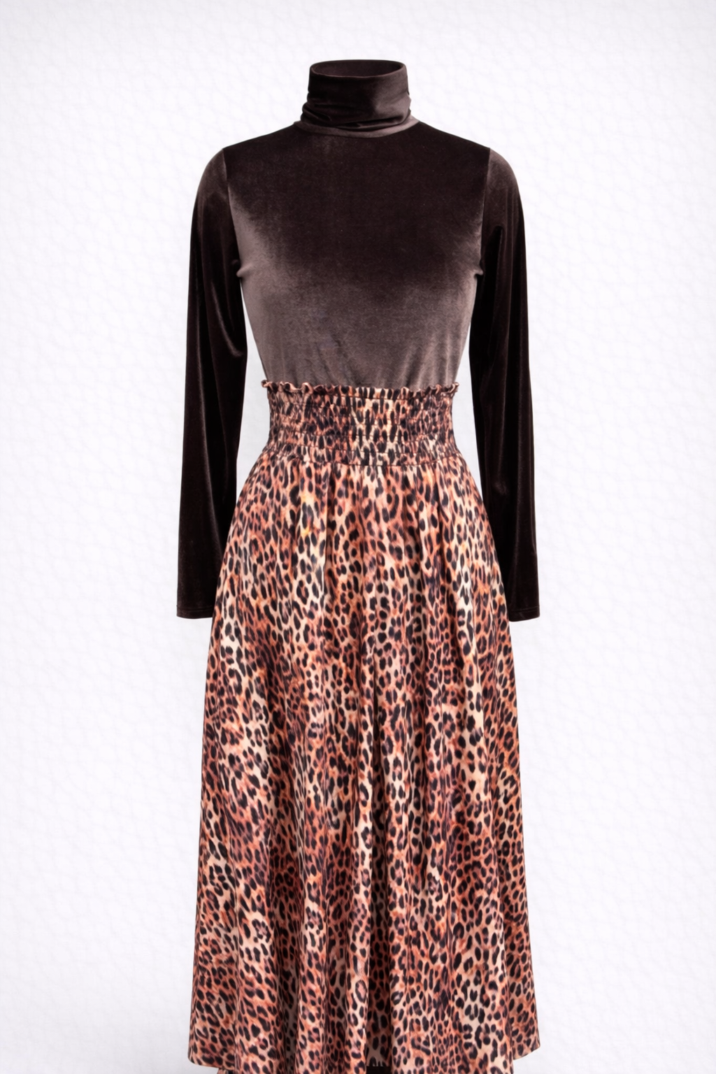 Velvet Turtleneck Top and Leopard Print Skirt Set with Belt
