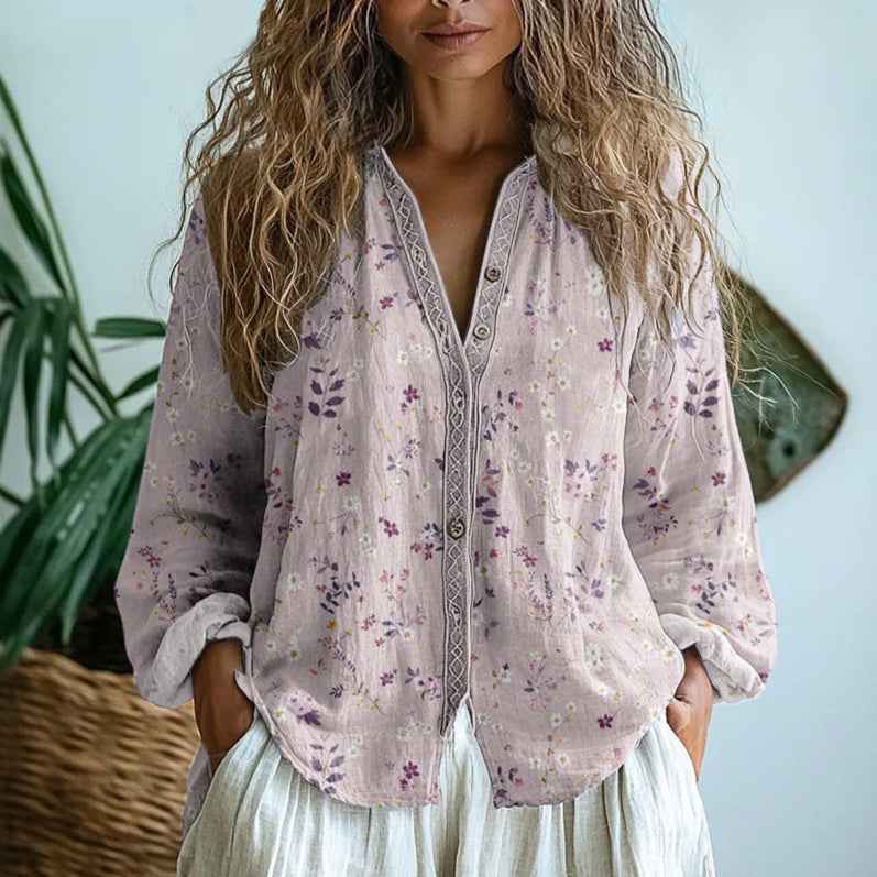 Blouse van linnenmix met bloemenprint, V-hals en ballonmouwen