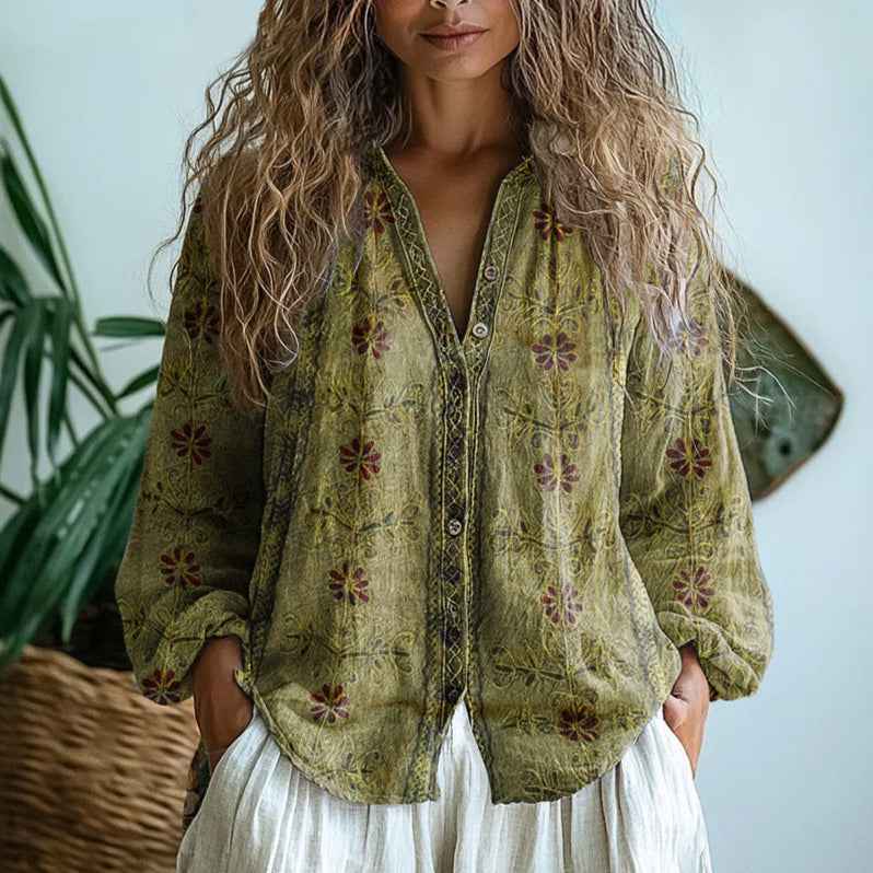 Blouse van linnenmix met bloemenprint, V-hals en ballonmouwen
