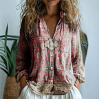Blouse van linnenmix met bloemenprint, V-hals en ballonmouwen