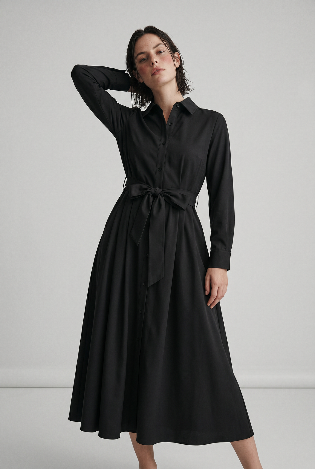Cotton Twill Maxi Shirt Dress with Tie Waist and Collar