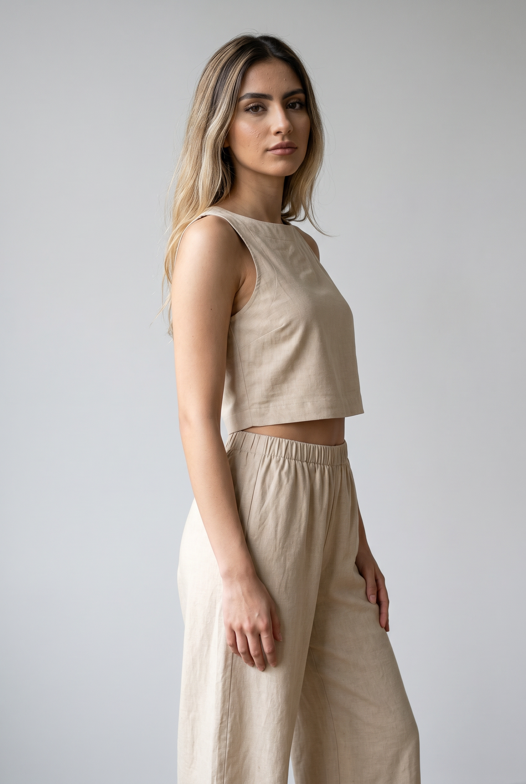 Two Piece Set with Flowing Fabric and Softly Tailored Shape