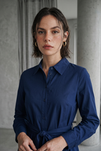 Cotton Twill Maxi Shirt Dress with Tie Waist and Collar