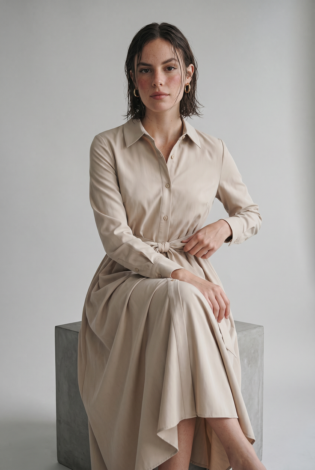 Cotton Twill Maxi Shirt Dress with Tie Waist and Collar