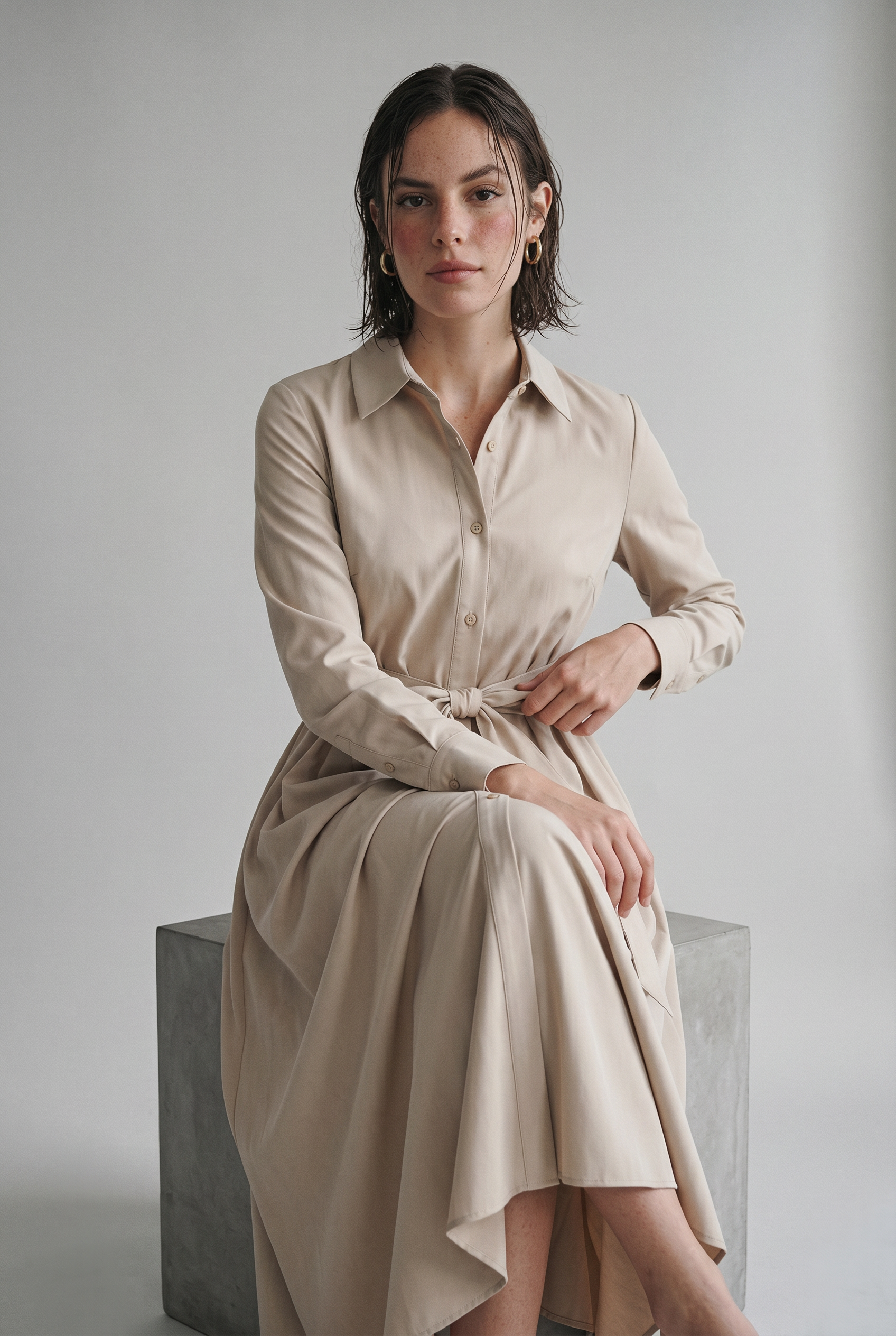 Cotton Twill Maxi Shirt Dress with Tie Waist and Collar