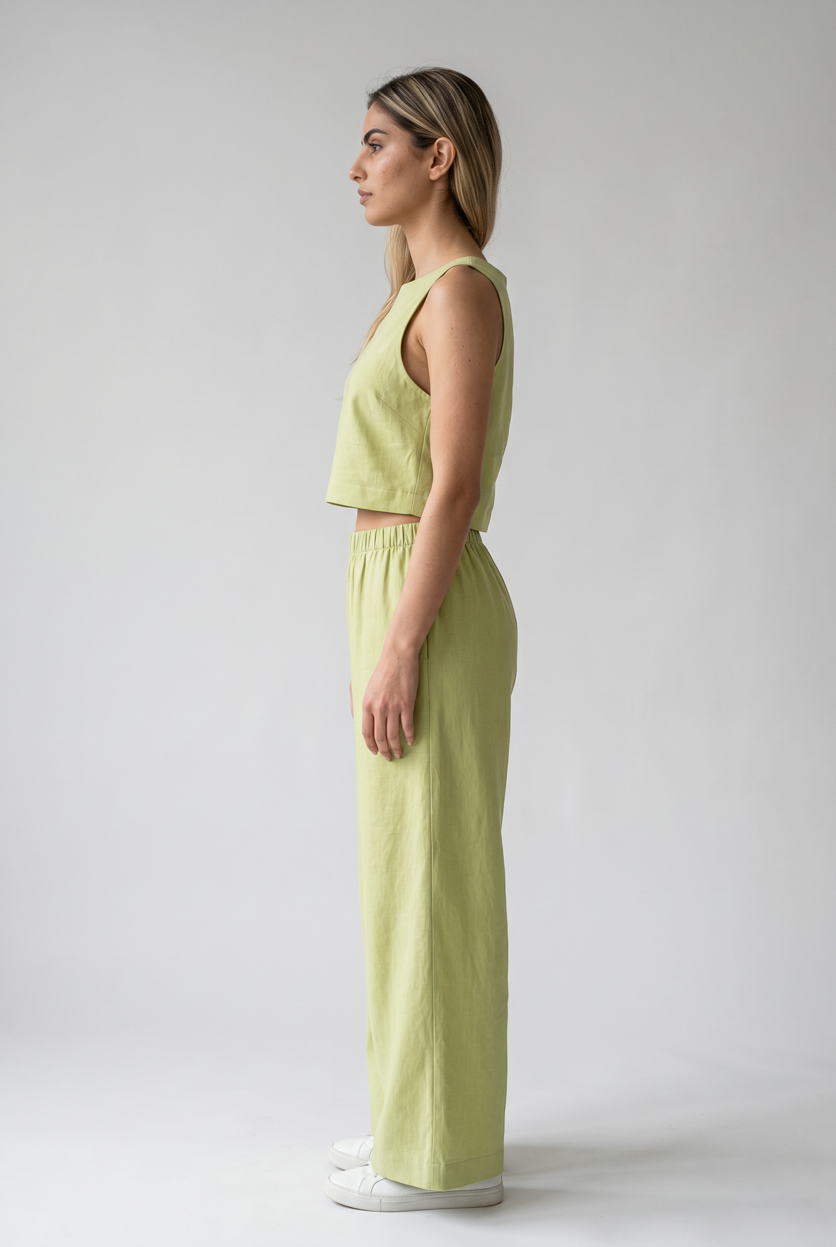 Two Piece Set with Flowing Fabric and Softly Tailored Shape