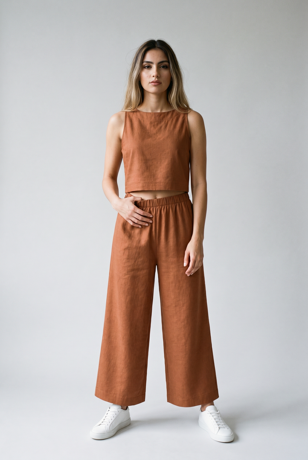 Two Piece Set with Flowing Fabric and Softly Tailored Shape