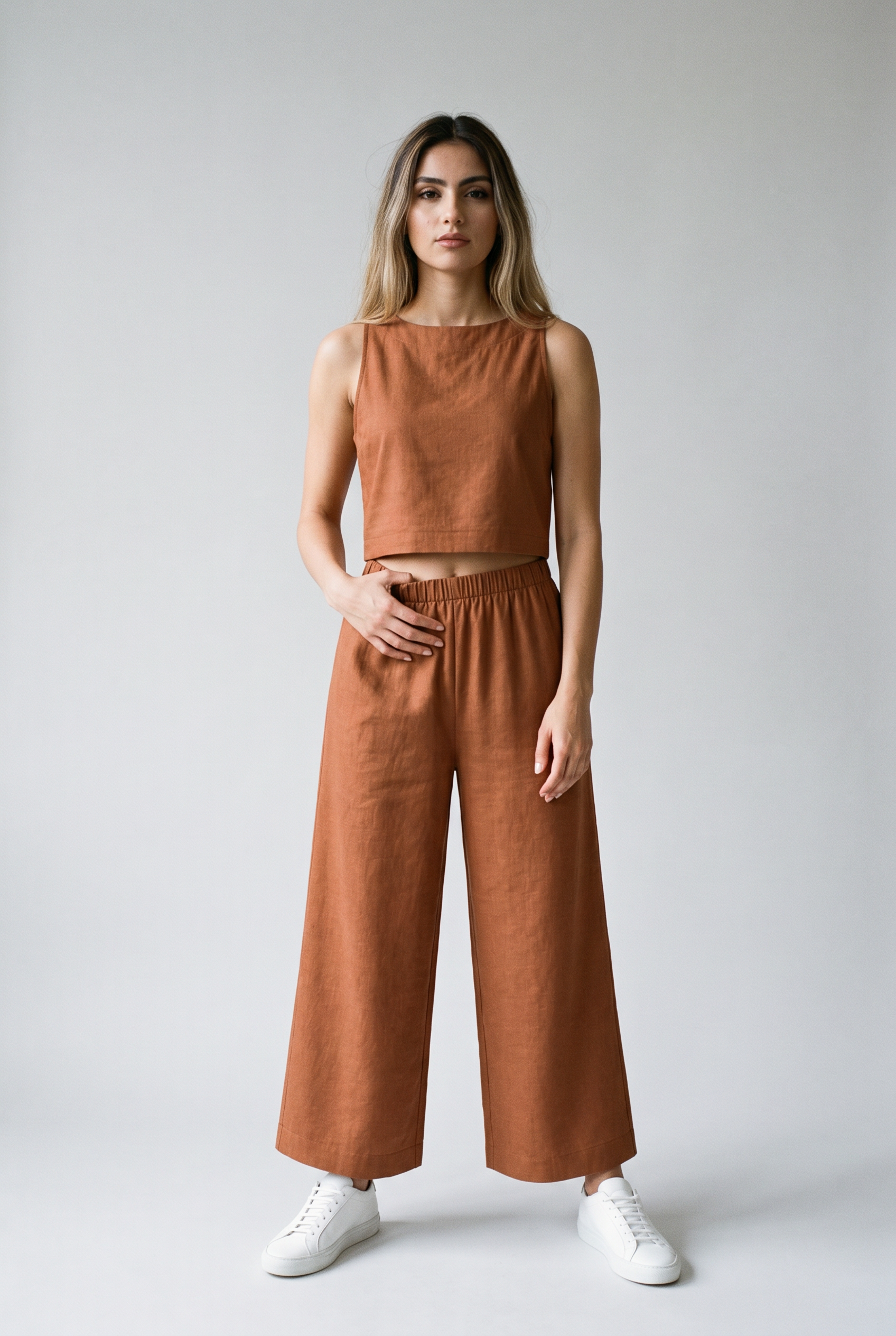 Two Piece Set with Flowing Fabric and Softly Tailored Shape