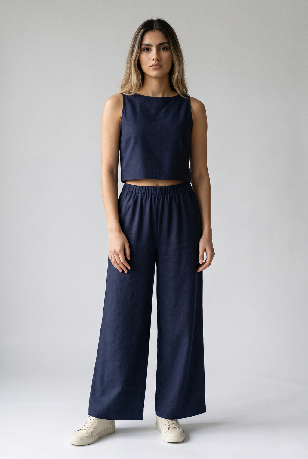 Two Piece Set with Flowing Fabric and Softly Tailored Shape