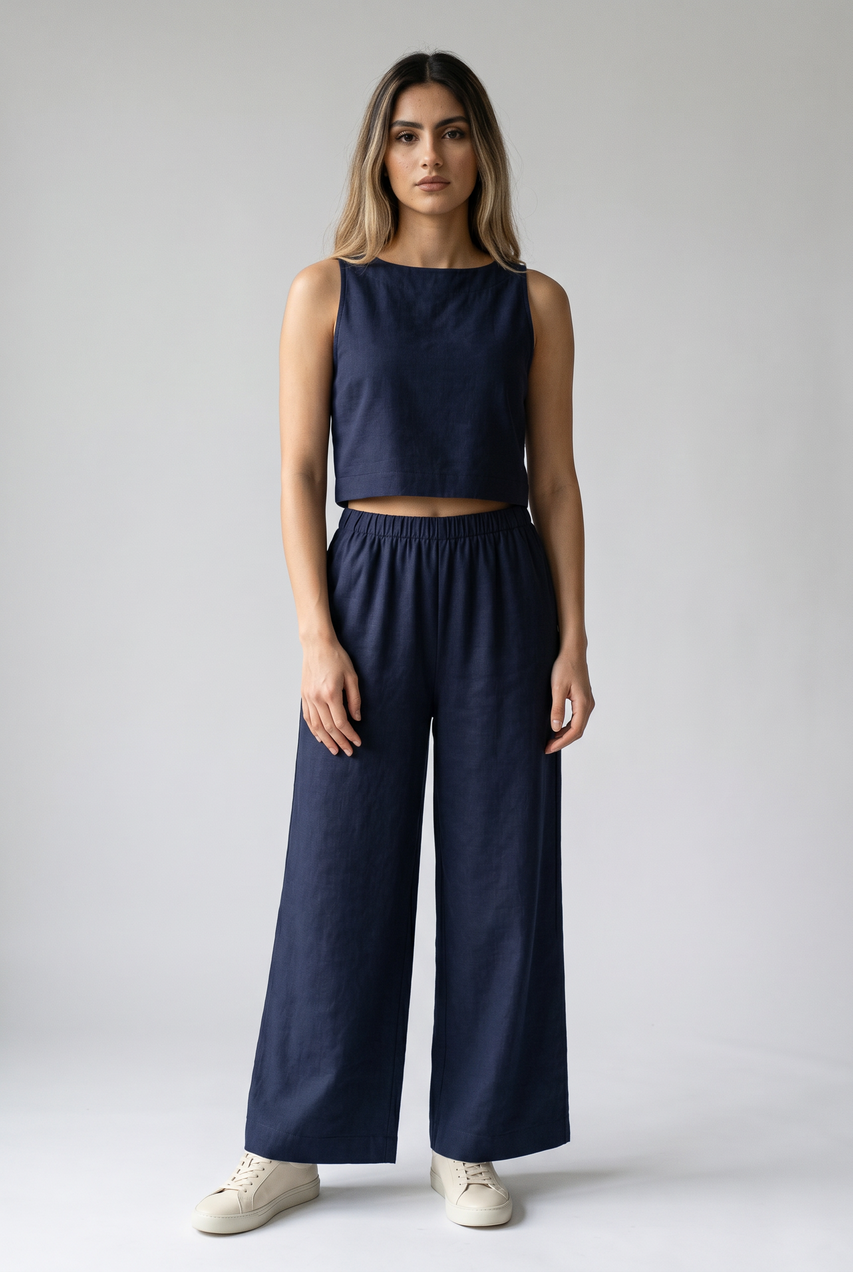 Two Piece Set with Flowing Fabric and Softly Tailored Shape