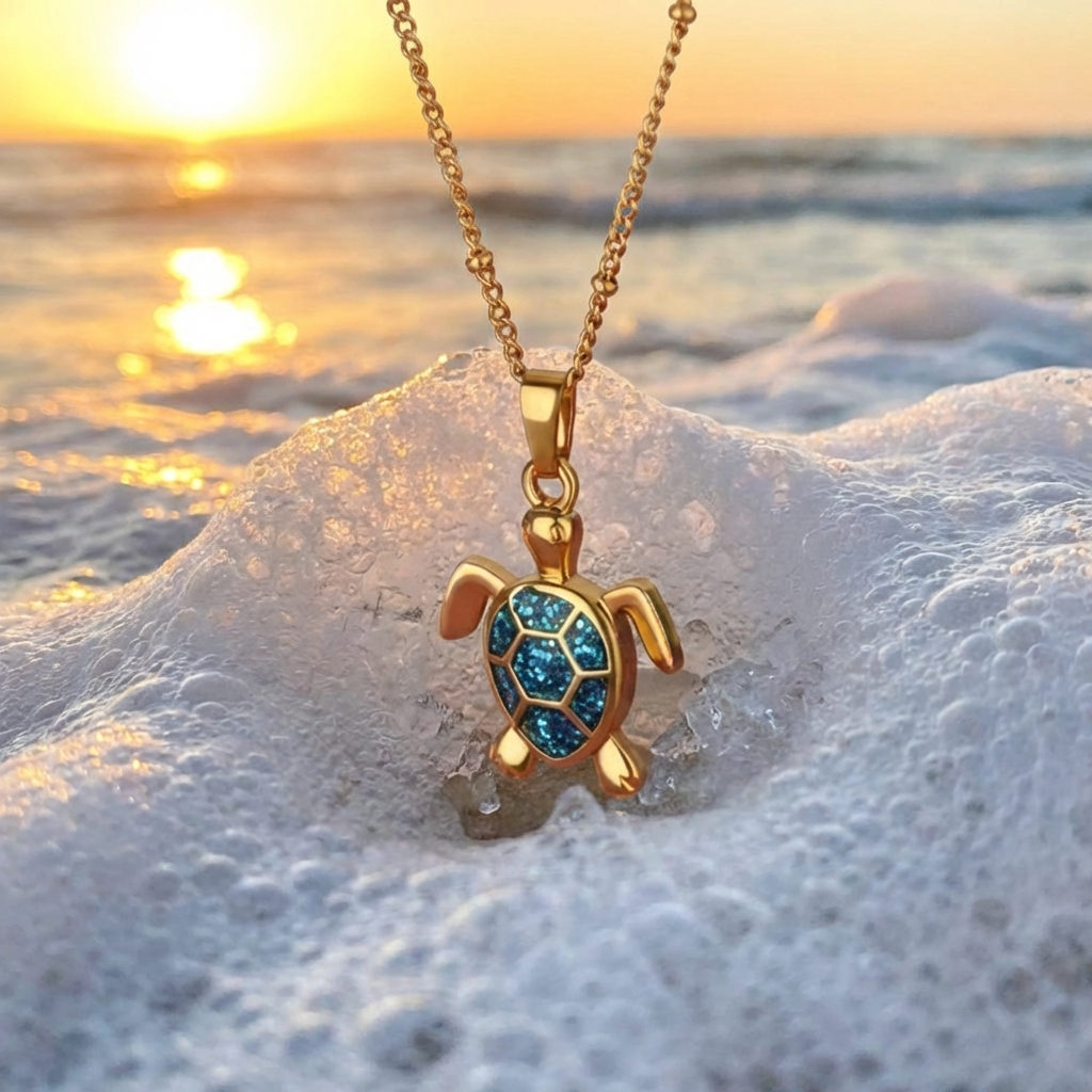 Gold-Tone Sea Turtle Necklace with Blue Opal-Look and Crystal Waves