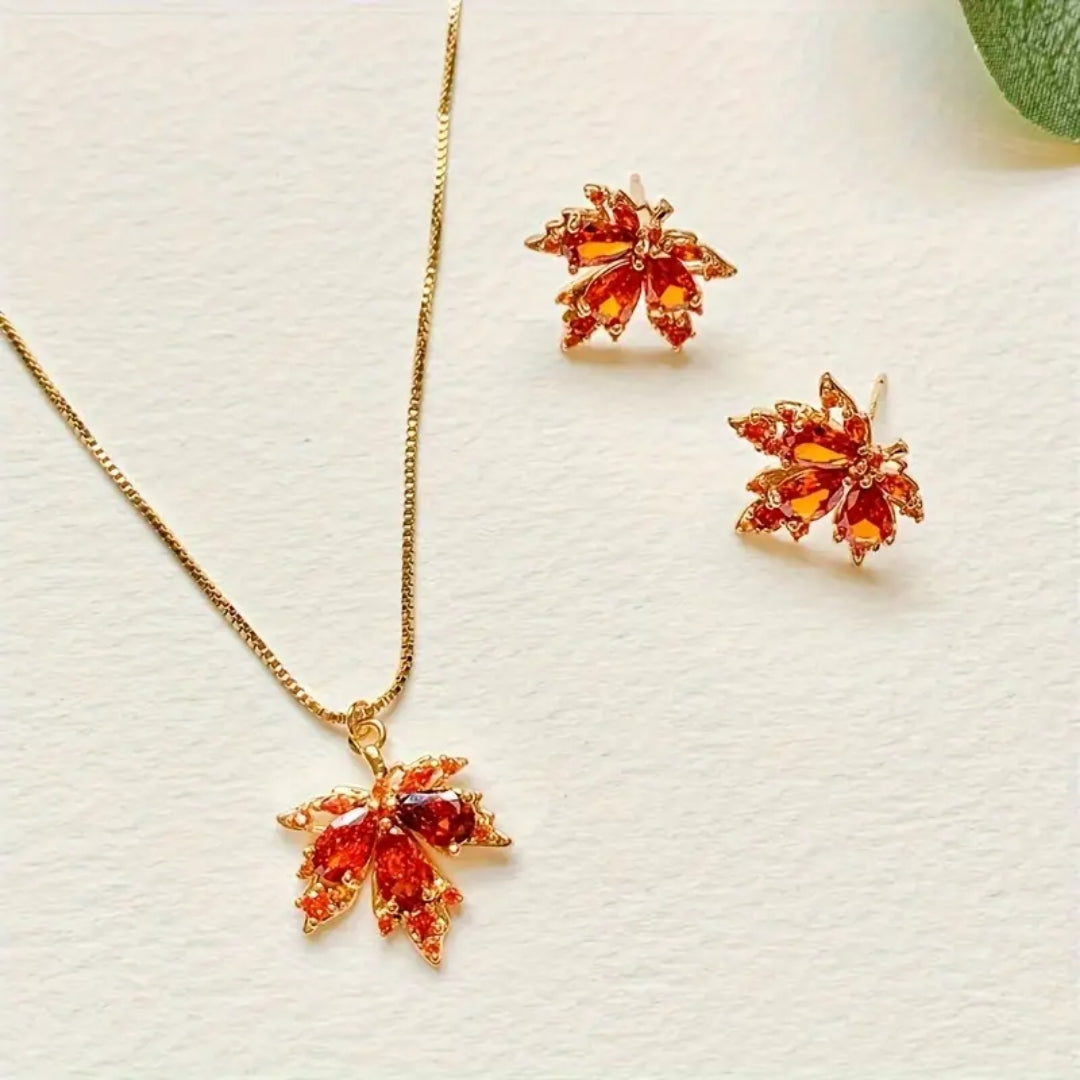 Orange Crystal Autumn Leaf Necklace