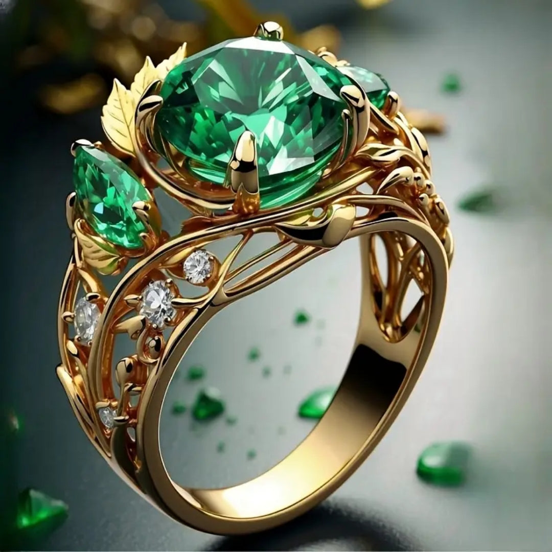 Goudkleurige ring met felgroen kristal