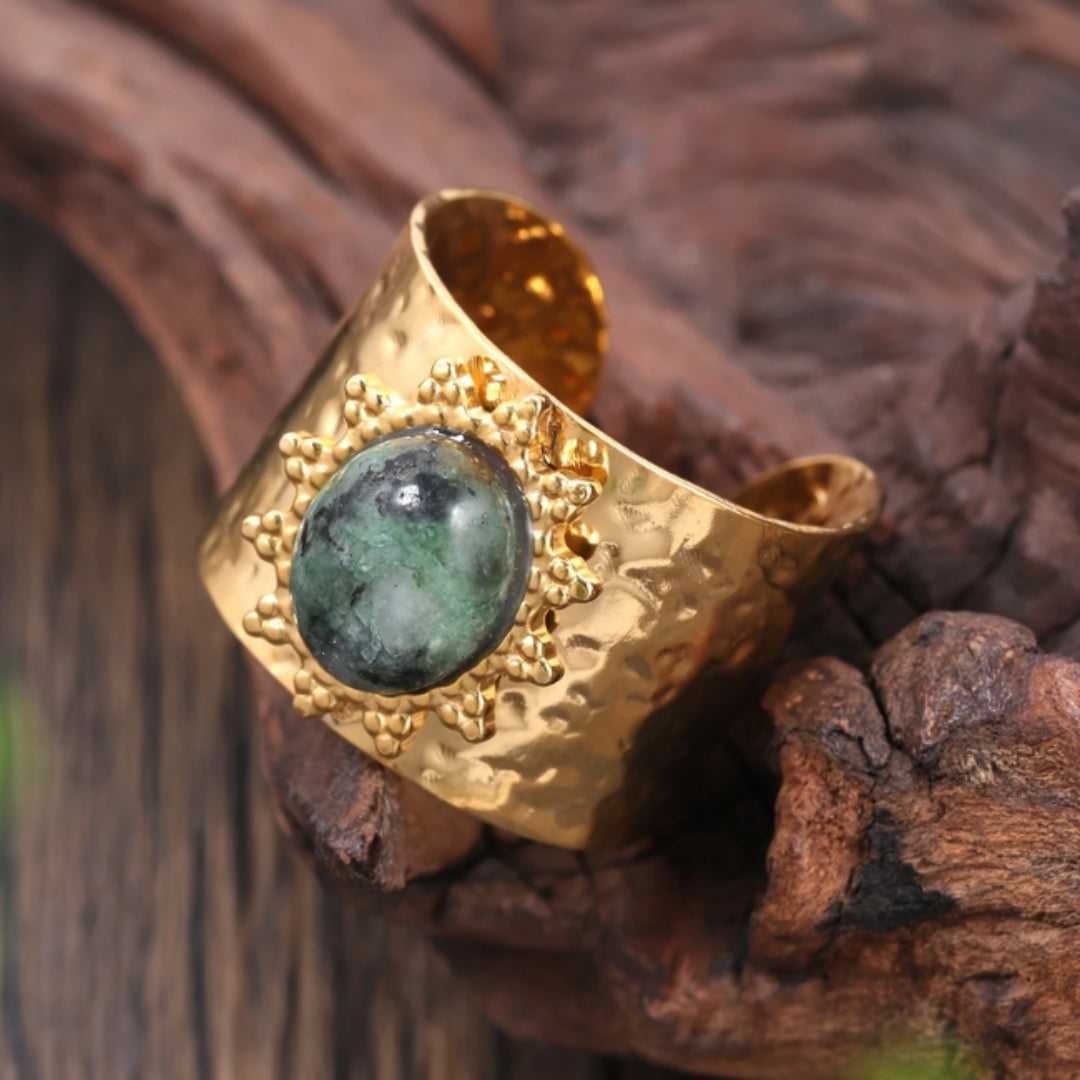 Green Stone Wide Gold-Tone Ring